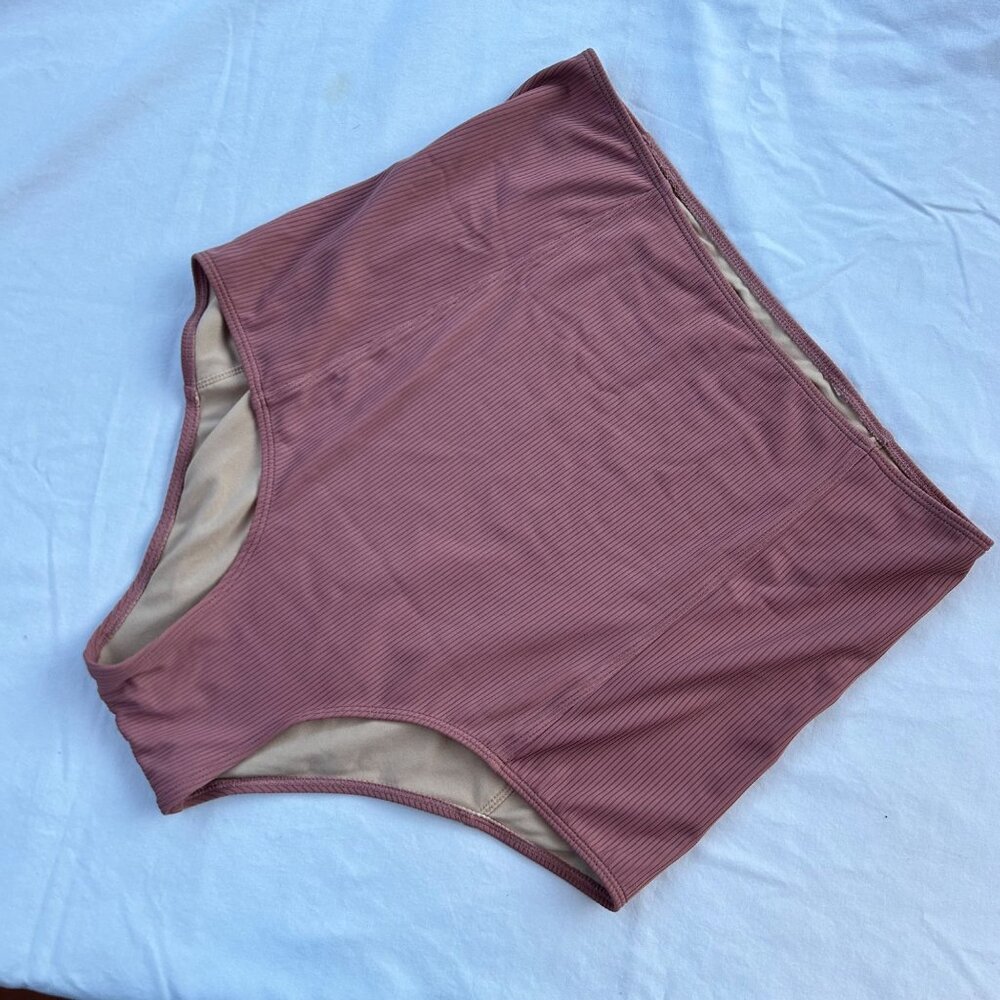Kourtni Jeane Hight Waist Bikini Swim Bottoms- Ribbed Dusty Rose - Size Large